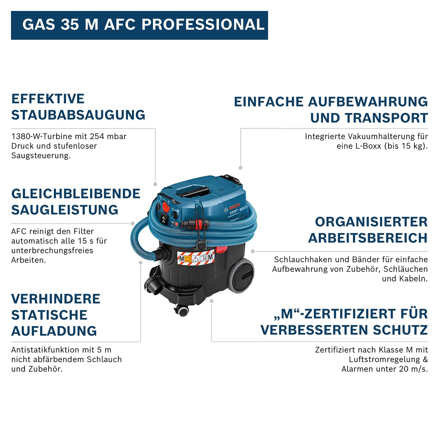 Bosch Professional Nass-/Trockensauger GAS 35 M AFC (Leistung 1200 Watt, 35 L Behälter, 5 m Schlauch)