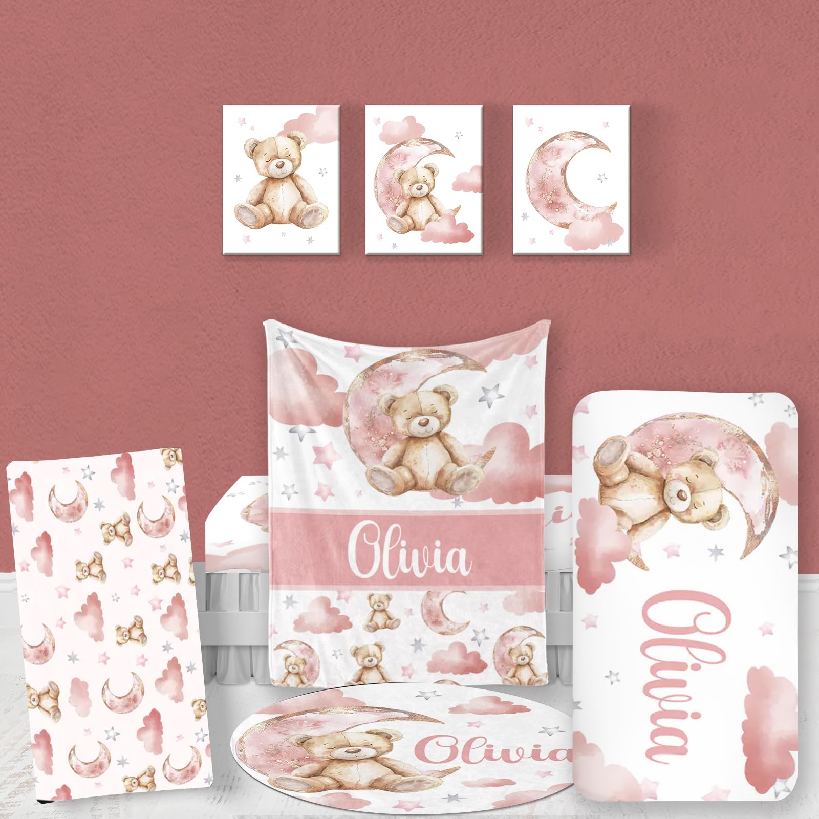 Custom Baby Bedding Set: Personalized Pink Sleeping Bear Bedding Baby Blanket Fitted Sheet Changing Cover Nursery Rug Room Decor Gift Idea