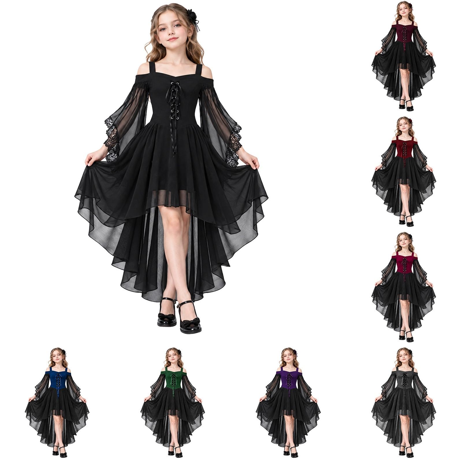 Girls Gothic Fancy Dress Costume Kids Halloween Witch Cosplay Outfit, Off Shoulder Lace Up Chiffon High LowSteampunk Dress with FlareSleeves for 7 8 9 10 11 12 13 Years (Black, 9-10 Years)