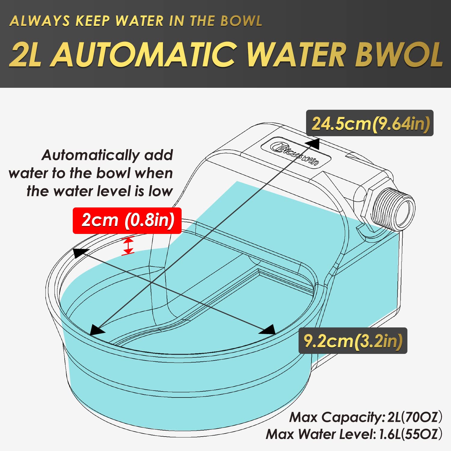 Automatic Dog Water Bowl Dispenser 70OZ Water Dispenser for Dogs 2L Water Bowl Fit 3/4in Male Connector Outdoor Auto Water Bowl Include Automatic Water Fill Valve 1/4'' Tee Adapter 5ft Water Hose