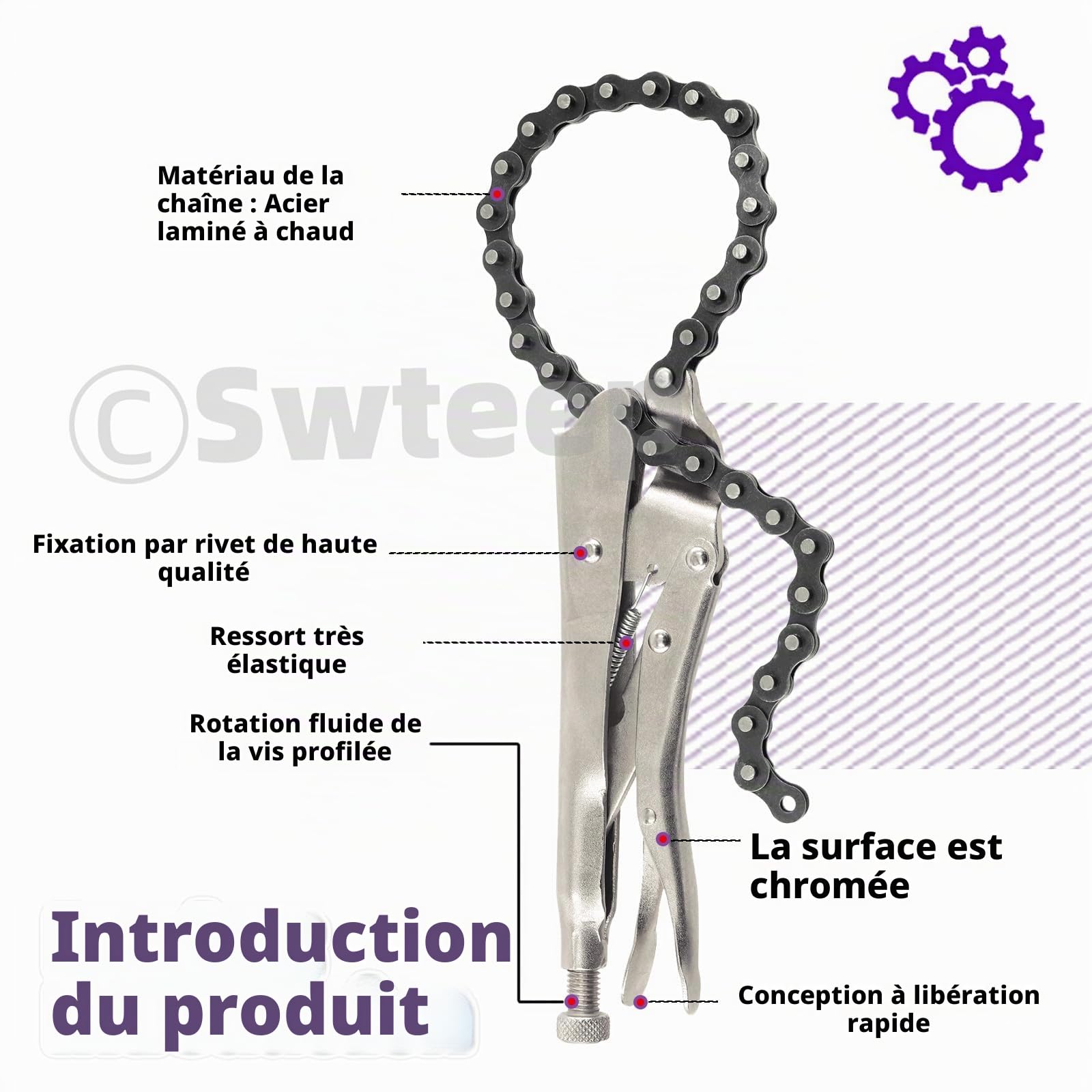 Swpeet 2pcs 9inch Heavy Duty alliage Steel Lock Chain Clamp avec chaîne de 20 pouces, outil de filtre à huile réversible raccord de tuyau outil clé à chaîne pour une force de verrouillage maximale