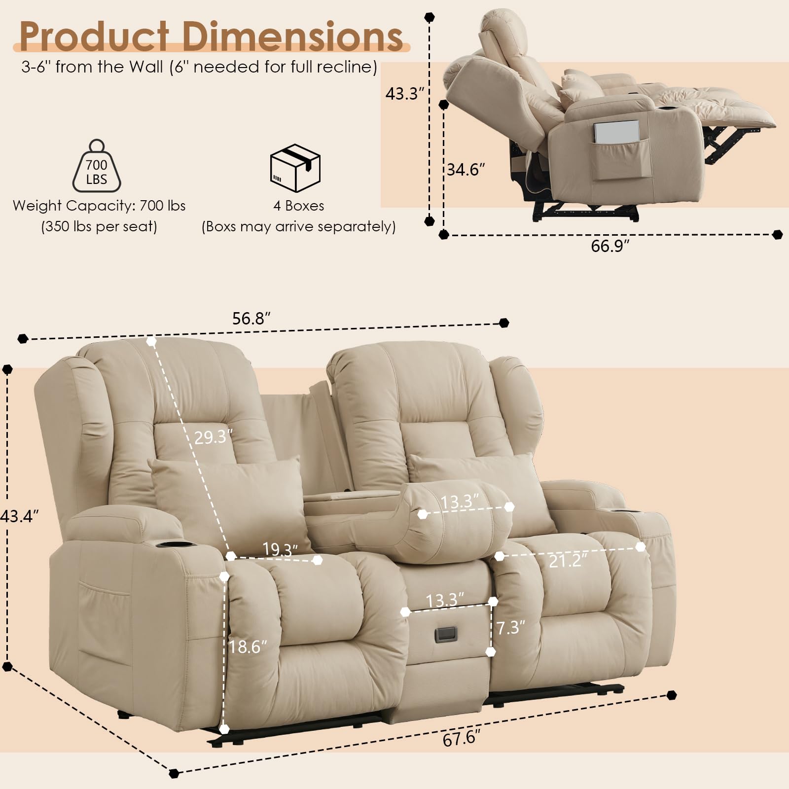 SAMERY Zweisitzer Relaxsessel mit Liegefunktion, 2er-Fernsehsessel Kinosessel 2 Sitzer TV Sessel Heimkino Sitze mit klappbare Mittelkonsole, 4 Getränkehalter (Beige, 172 cm Zweisitzer)