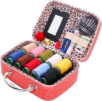 Portable Sewing Kit in Faux Leather Case,Complete DIY Handcraft Set with Needles, Threads & Accessories,Sewing Set for Adults & Travel,Mini Sewing Kit. Pink