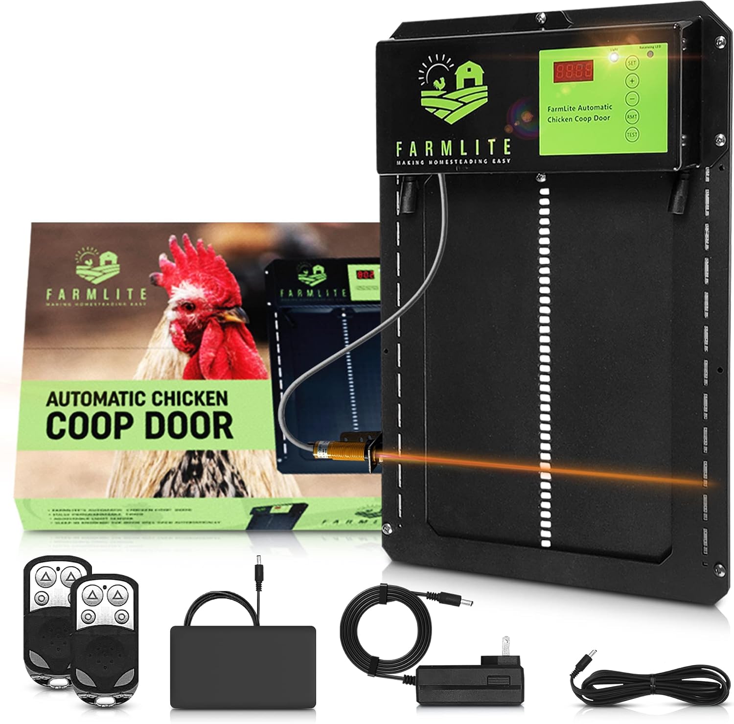 FarmLite Automatic Chicken Coop Door Opener | Non-Battery Powered Automatic Chicken Door | Automatic Coop Door with Timer, Light Sensor and Remote Controls