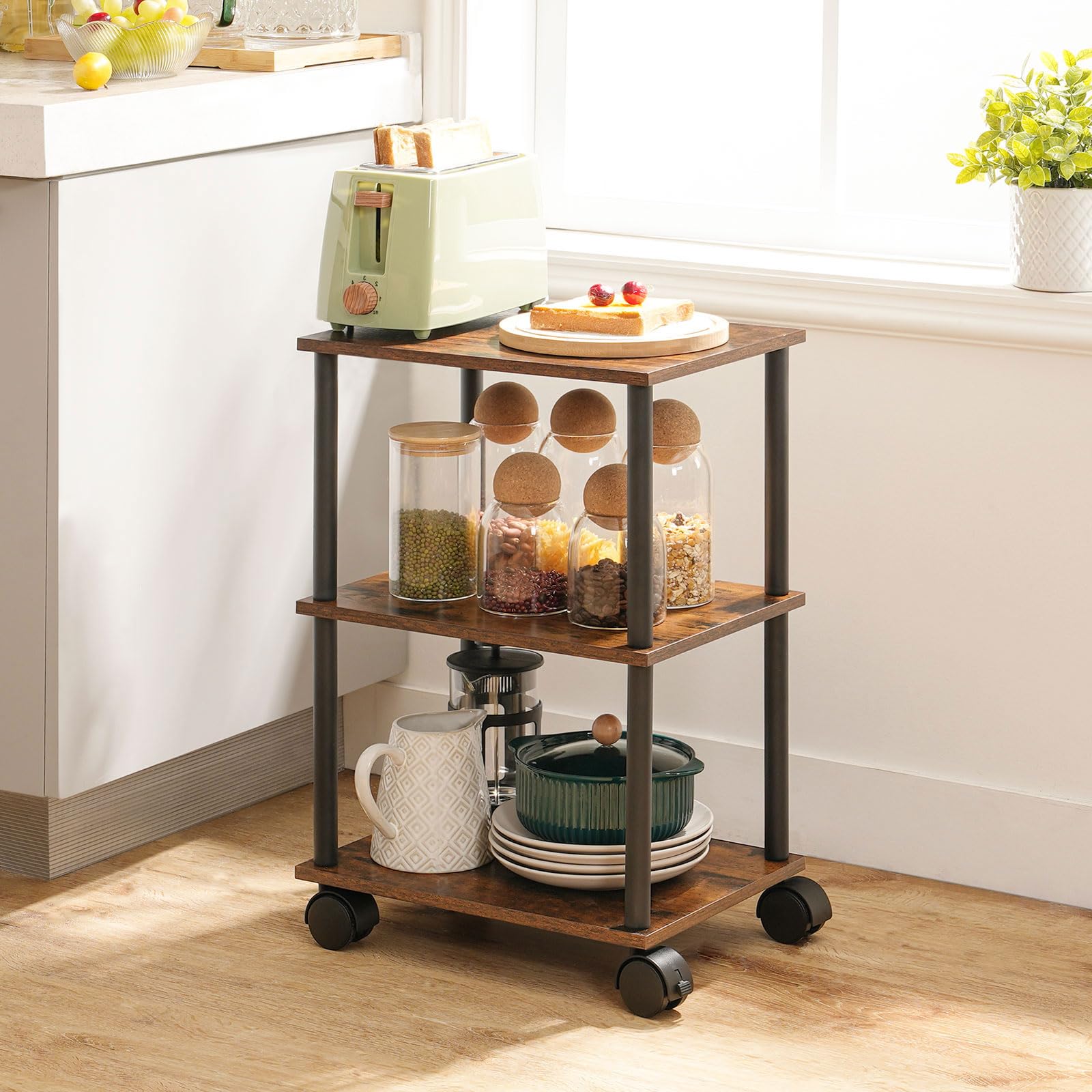 HOOBRO Printer Stand, 3-Tier Industrial Mobile Under Desk Printer Cart with Shelf, Heavy Duty Machine Rack on Wheels for Home, Office, Rustic Brown and Black BF53PS01