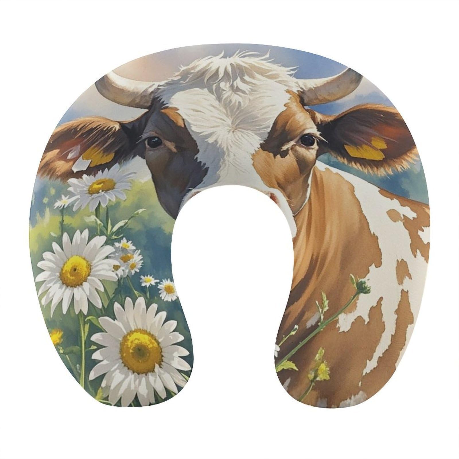 FekiLoot Watercolor Cow and Daisy Flower Travel Pillow U Shaped Neck Pillow Comfortable Memory Foam Pillow Portable Soft Headrest Lightweight Neck and Head Support for Planes Trains Self-Driving Cars