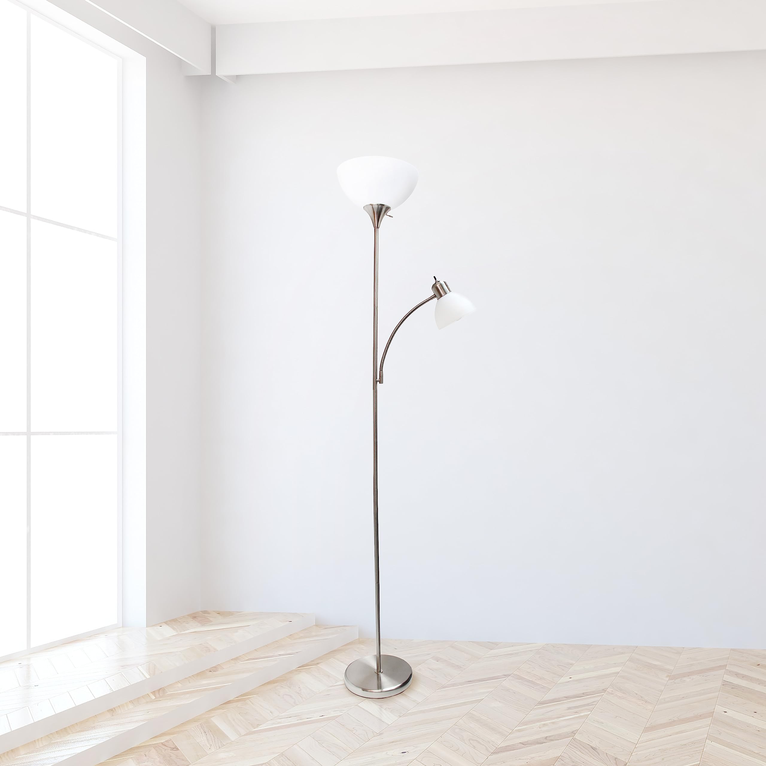 Simple Designs LF2000-BSN-2PK Floor Lamp with Reading Light 2 Pack, Brushed Nickel