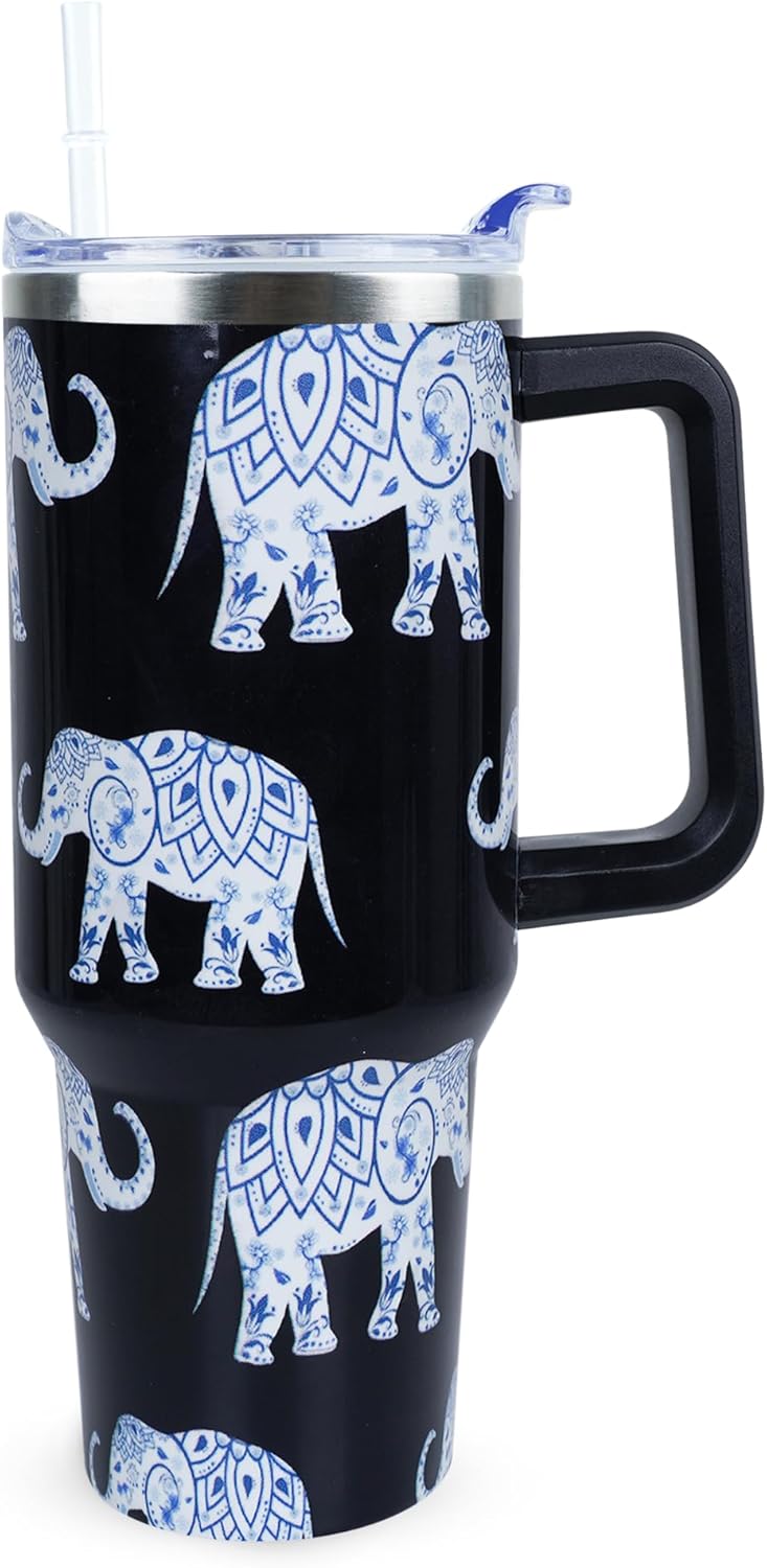 Xchearser 40 oz Cute Elephant Tumbler with Handle and Straw, Stainless Steel Insulated Cup with Lid and Straw, Travel Mug Water Bottle, Gifts for Women