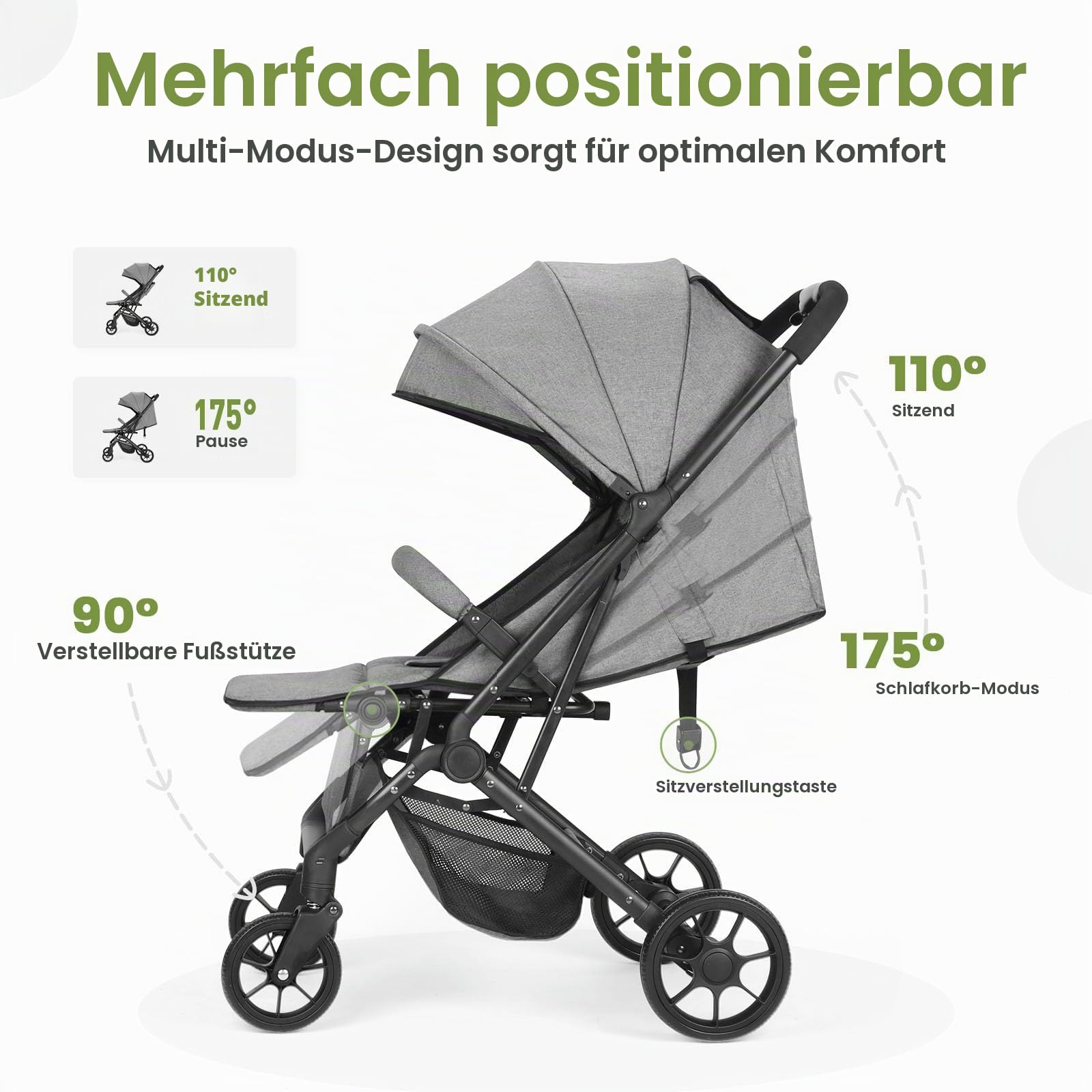 Faltbar Kinder-Buggy Kinderwagen, Regulierbarer 5-Punkt-Sicherheitsgurt, Zusammenklappen mit einer Hand, großes Verdeck, Robuster alle 4 Räder gedämpft, geräumige Sitz, Einkaufskorb (Grau)