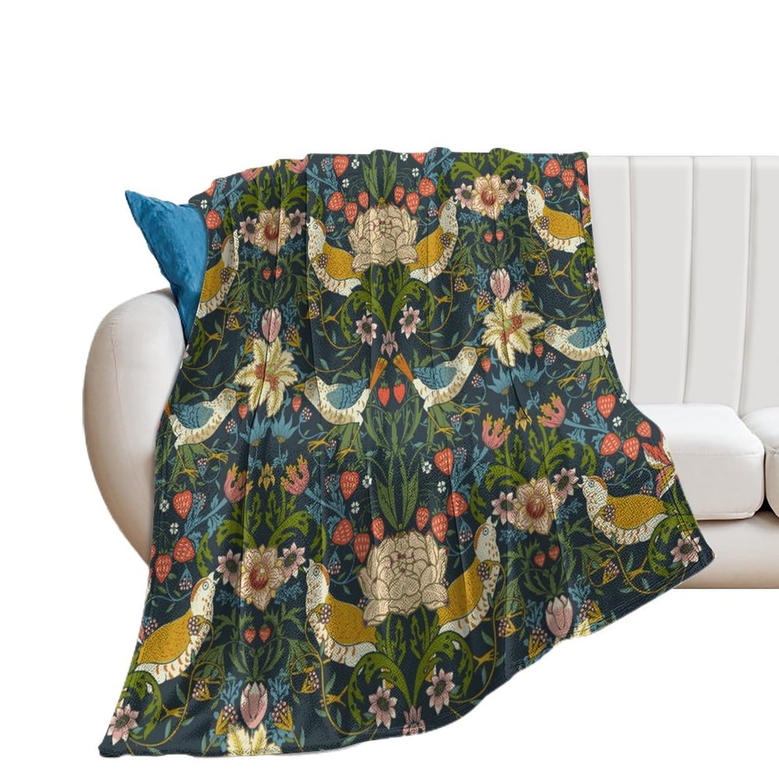 COALHO Watercolor William Morris Print Throw Sofa Couch Fluffy Warm Blanket Vintage Mid Century Floral Flower Bird Blanket Bed Plush Throw Flannel Throw-180W×200L CM