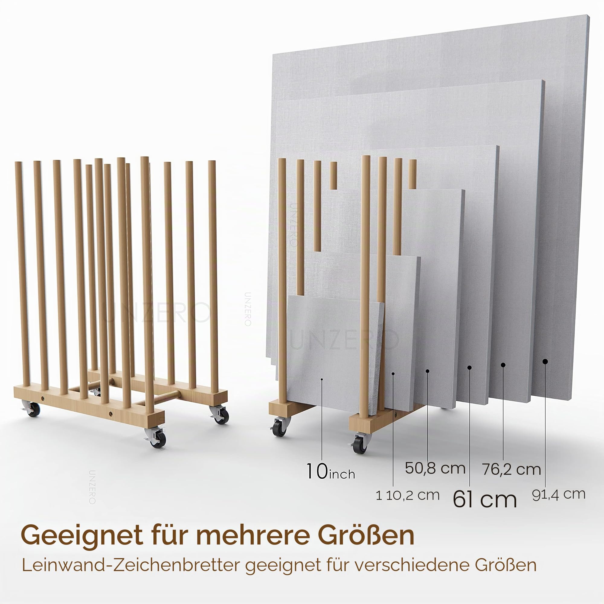 Kunstregal mit Lenkrollen, Holzständer für Leinwand, Panel, Rahmen, Zeichenbrett, Drucksachen, Papierblock, Trägerplatte
