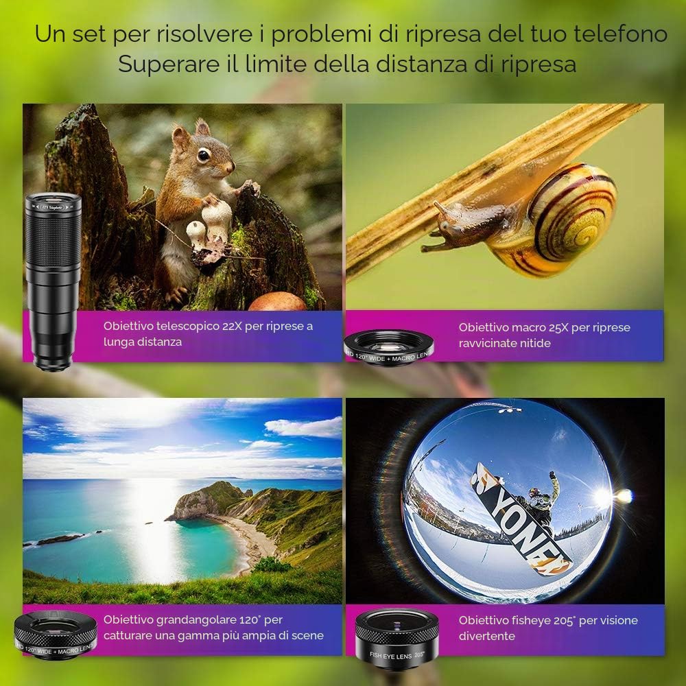 Apexel Obiettivo per fotocamera del telefono cellulare: teleobiettivo 22X, obiettivo macro 25X, obiettivo grandangolare da 120°, obiettivo fisheye 4 in 1 da 205°, kit con treppiedi per iPhone 11 Pro