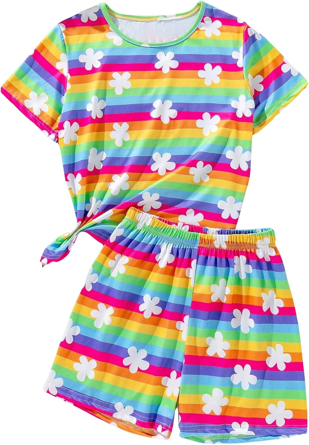 OYOANGLE Girl’s 2 Piece Color Block Outfits Cute Floral Short Sleeve T Shirt and Shorts Matching Sets