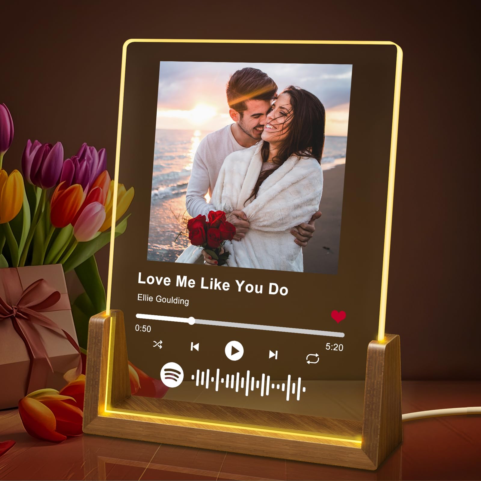 Custom Spotify Plaque Gift Unique Personalized Anniversary Day Gifts for Men Women Customized LED Walnut Frame with Photos for Couple Boyfriend Girlfriend Customized Birthday Gifts for Her Him Friends