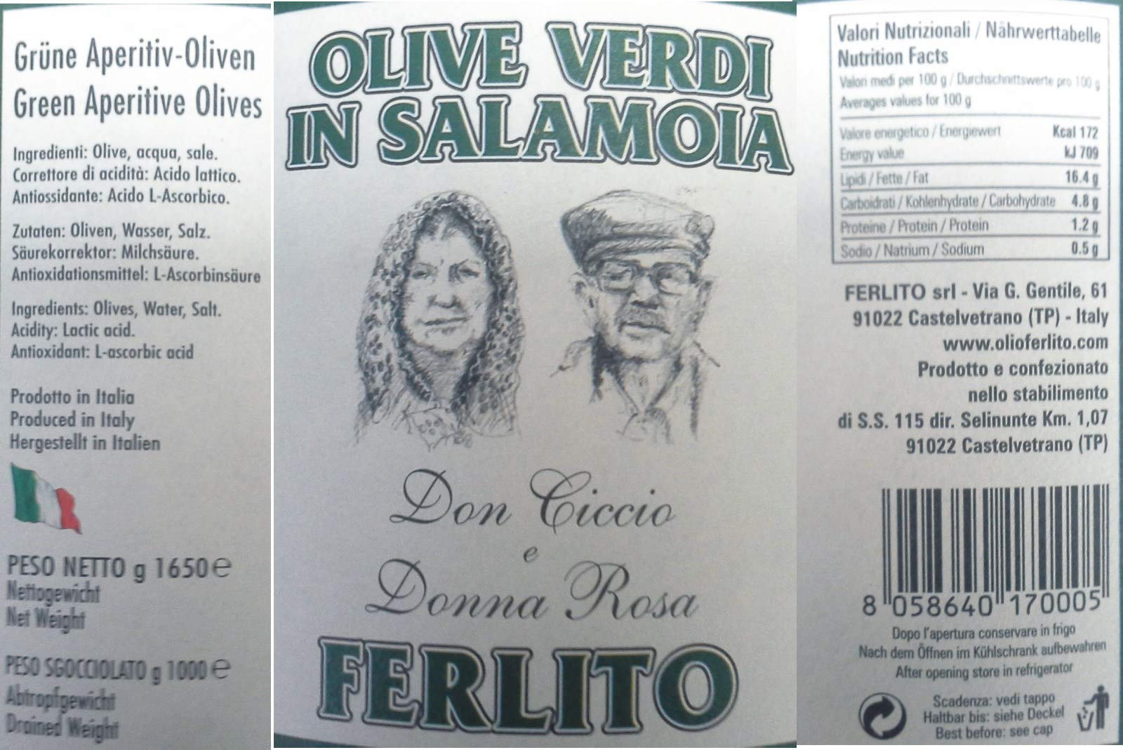 1650 ml Grüne Oliven in Salzlake / Salamoia - Abtropfgewicht 1000g