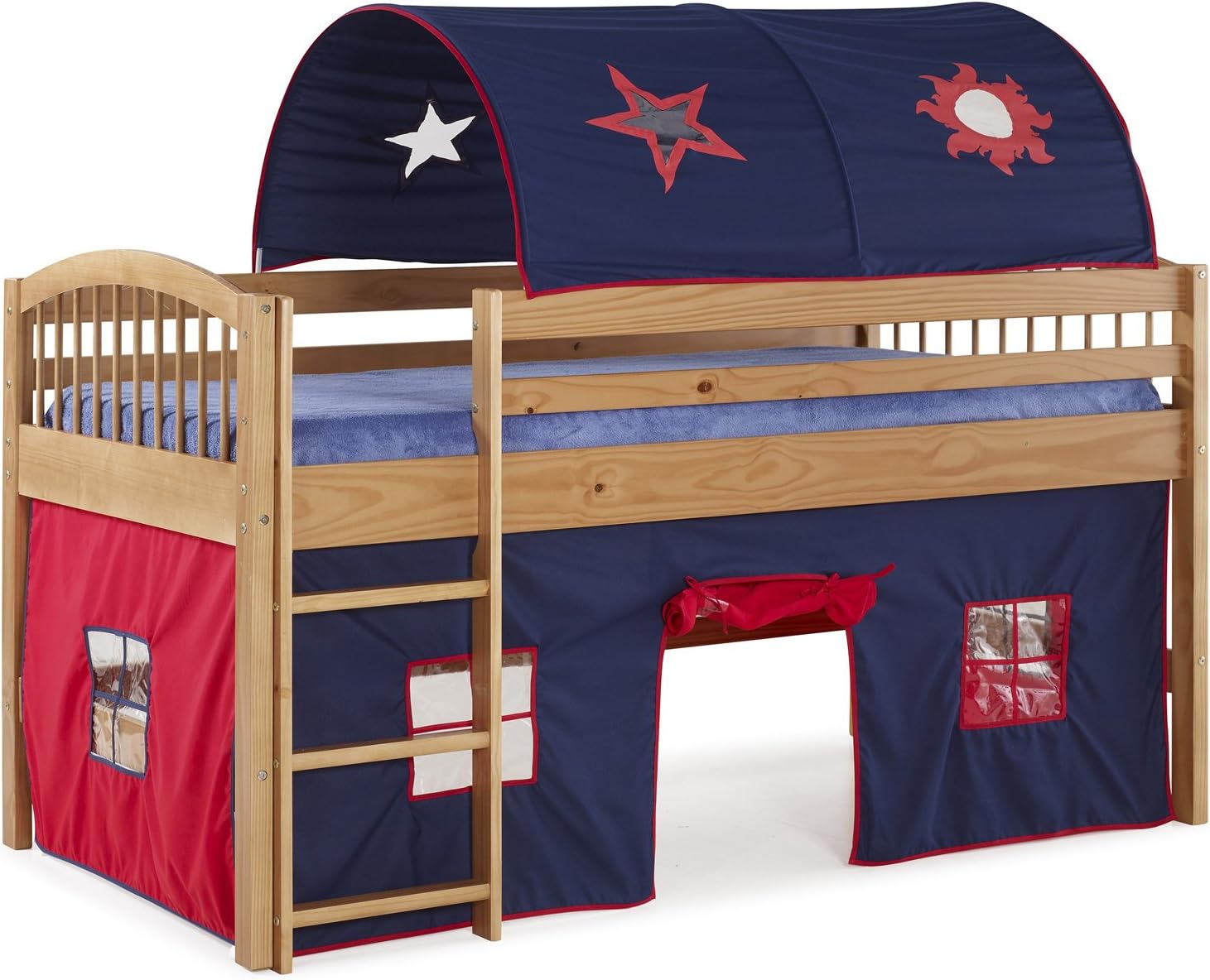Alaterre Furniture Addison Cinnamon Finish Wood Junior Loft Bed with Blue Playhouse Tent, Red Trim, Bedroom Furniture for Kids, Sturdy Construction, Supports up to 250lbs, Easy Assembly