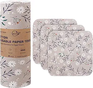 Paper Towels Washable Roll: 25Pack Cotton Cloth Paper Towels 11.8x11.8In Absorbent Soft Flannel Paperless Towels Alternative for Kitchen Reusable Napkins Zero Waste (Flower, Large)
