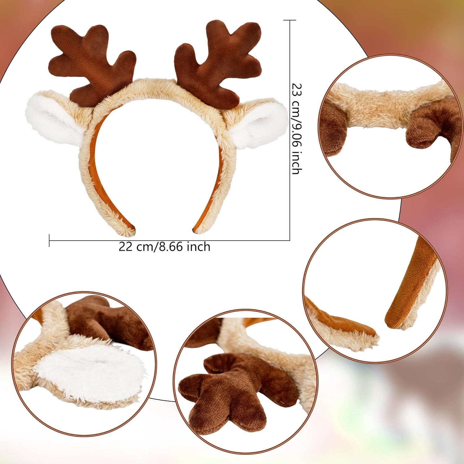 6 Pack Reindeer Antler Headbands Brown Plush Deer Ears Headbands for Christmas Holiday Halloween Cosplay Party Dress Up Accessories