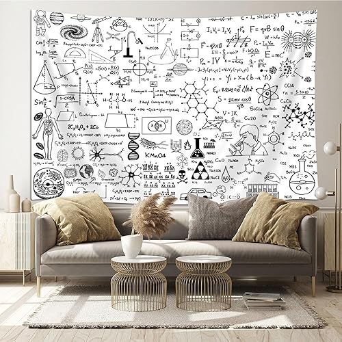 Miniatura 9 de SAOLUIS Tapiz de matemáticas, tapiz educativo para aula, tapiz de fórmulas científicas, tapiz blanco y negro para colgar en la pared para