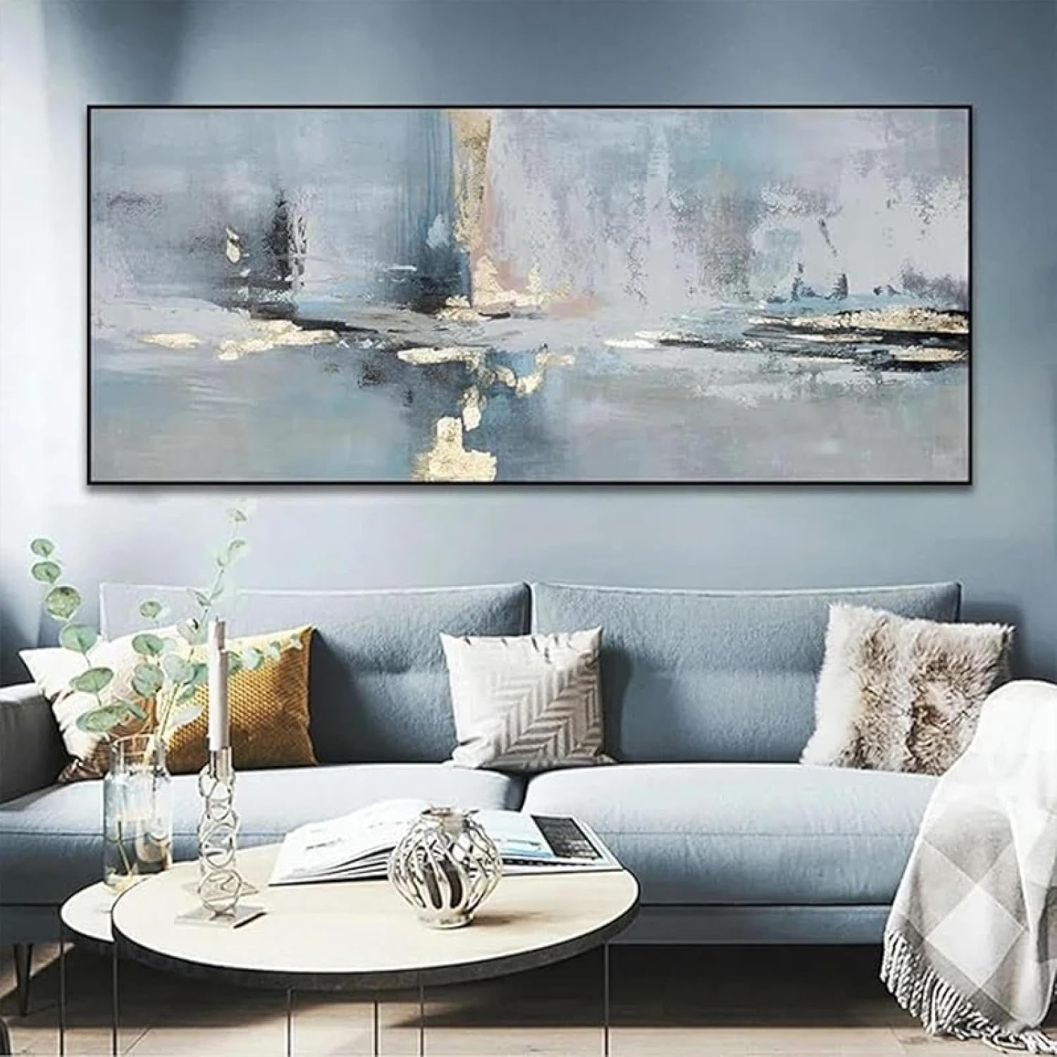 KQZVCU Blue Grey Abstract Landscape Large Wall Art Painting on Canvas Wall Pictures for Home Living Room Decoration 70x160cm With Frame With Frame 70x160cm