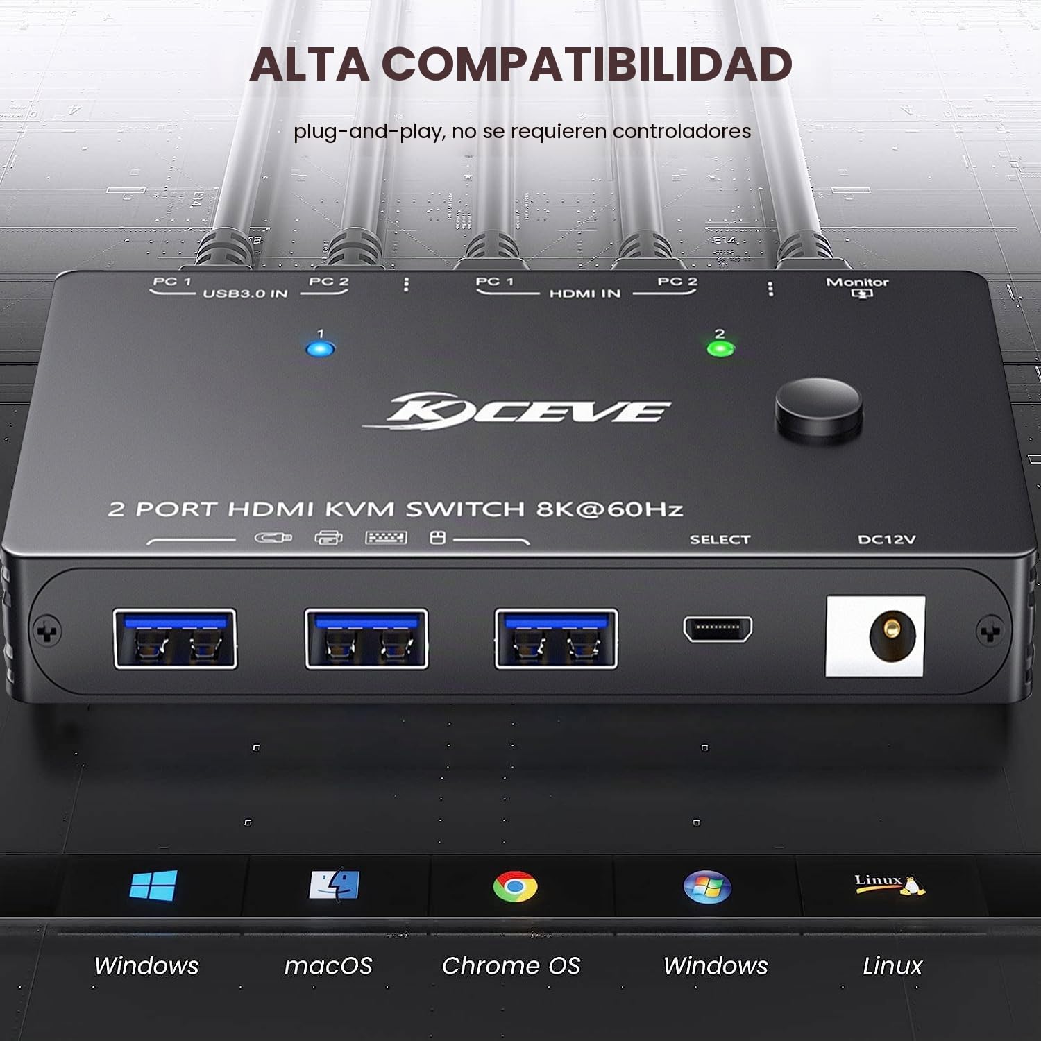 KVM Switch HDMI 8K@60Hz 4K@120Hz, KVM Switch 2 PC 1 Monitor HDMI2.1 Compartir 3 USB3.0 Devices Ratón y Teclado, HDR 10, HDCP 2.3, Wired Remote(8K HD 2 in 1 out KVM)