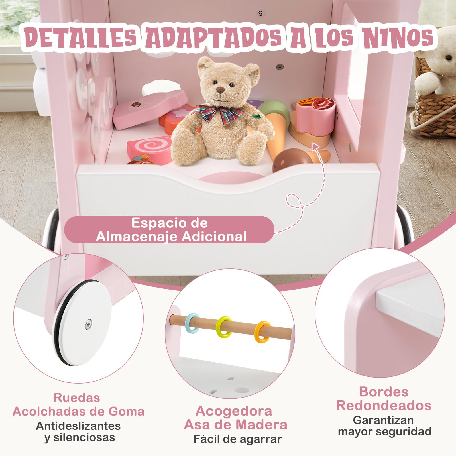 GOPLUS Andador de Madera 2 en 1 para Bebés, Juguete de Empujar Montessori, Carrito de Helados con Accesorios Interactivos, Ruedas Antideslizantes, Centro de Actividades para 1+ Años (Rosa)