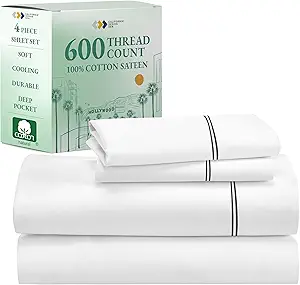 California Design Den Luxury King Size Sheet Set - 100% Cotton, 600 Thread Count Deep Pocket King Sheets, Hotel-Quality Bedding with Sateen Weave - White Embroidered Gray