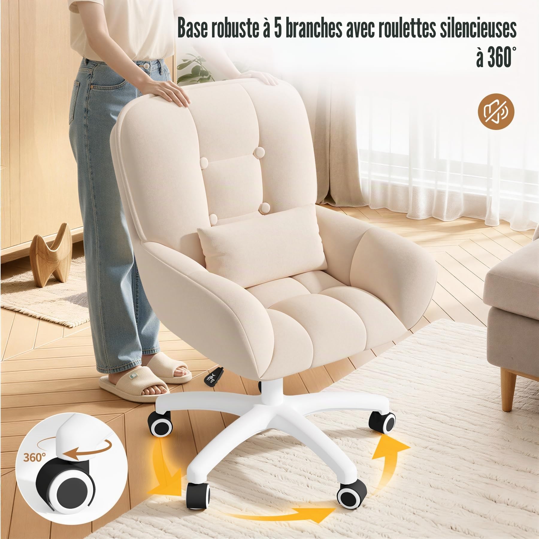 Bureau à Domicile et Chaise de Maquillage 2 en 1 Chaise pivotante Ergonomique en Velours 360° avec Coussin pour la tête, réglable en Hauteur pour Bureau ou Chambre à Coucher Beige