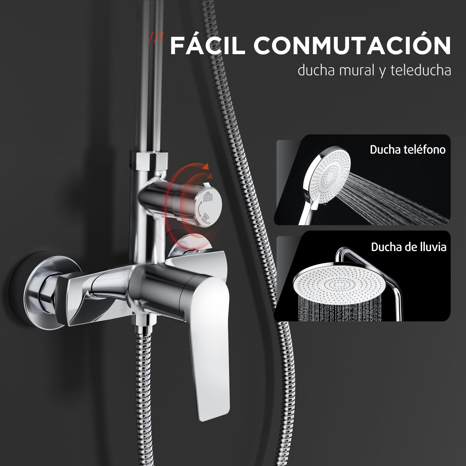 Rainsworth Sistema de ducha con grifería cromada, ducha de lluvia con grifo de latón, ducha de lluvia de 25 cm, 3 tipos de chorro, juego completo de ducha
