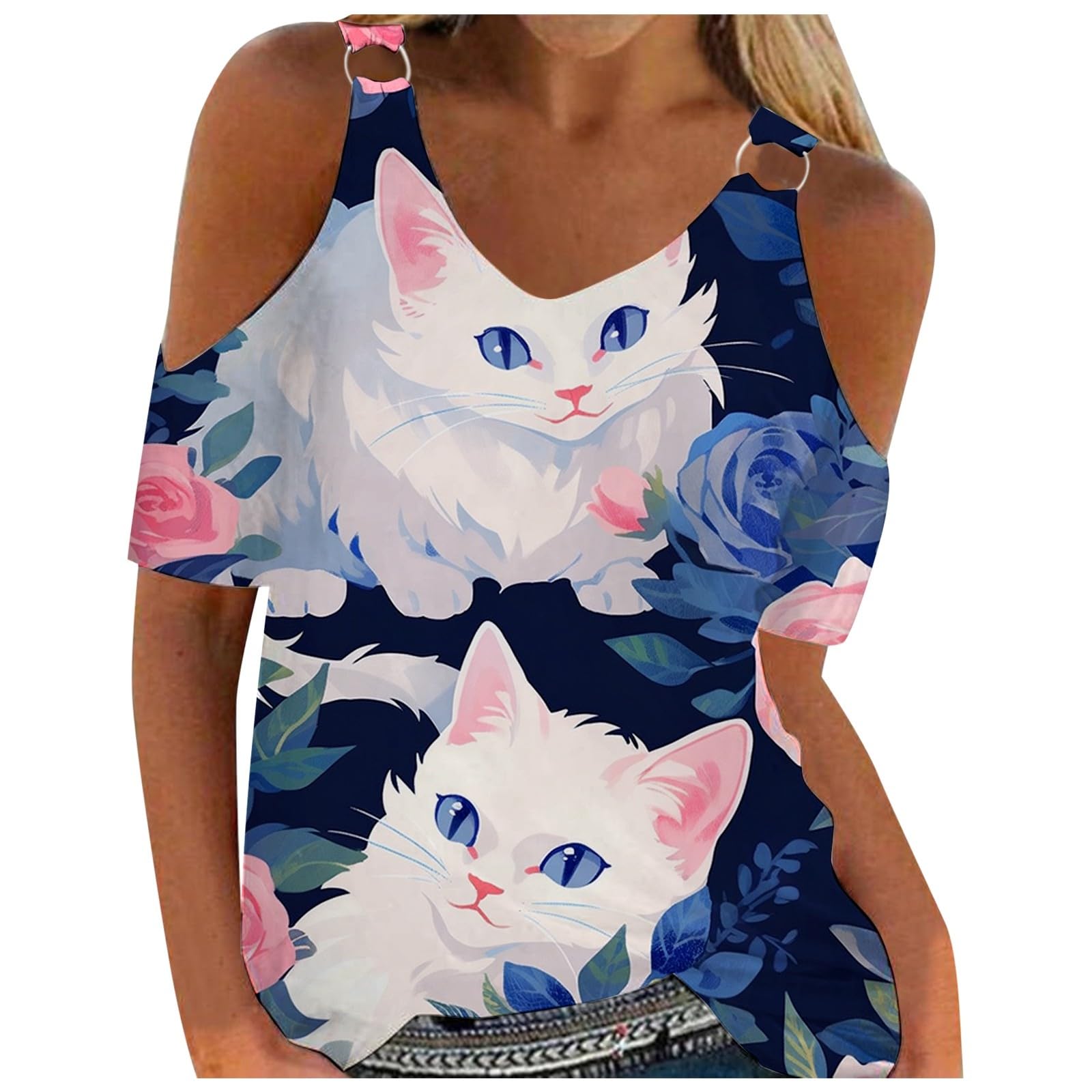 Generic Camiseta Punk Mujer a la Moda con Hebilla Circular para Mujer, Camiseta de Manga Corta con Hombros Descubiertos y Plumas teñidas con Lazo de Flores para Mujer Rojo Mujer Manga Corta