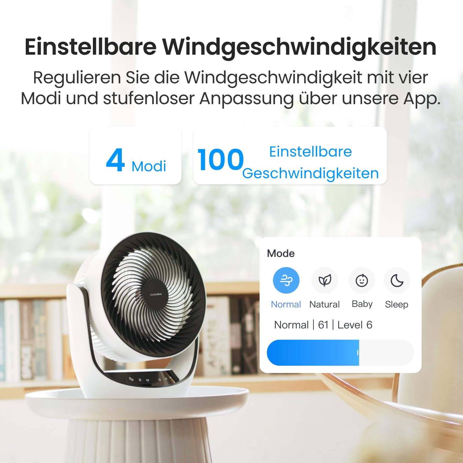SwitchBot USB Tischventilator, leiser 24 dB Umluftventilator, Kompatibel mit Alexa/Google/Siri, 4 Modi, 9-Std-Timer