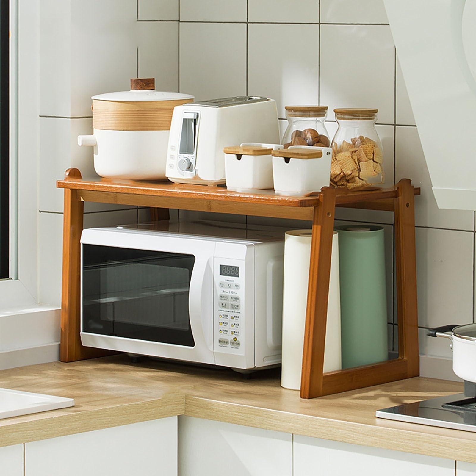 Scolapiatti per microonde in bambù naturale, struttura solida, ripiano Sto per piano di lavoro, adatto per cabi e sala da pranzo, 60 cm, ecologico