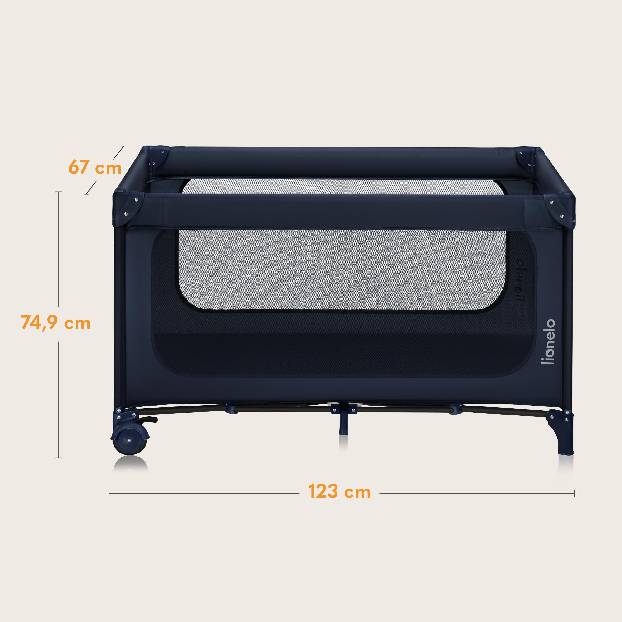 lionelo JASMIN Premium Lettino da Viaggio per Bambini 0-36 Mesi Culla Pieghevole per Neonati Fino 15kg con Materasso Innovativo in Schiuma T25, 2 Livelli di Altezza, Sistema Easy Fold e Ruote