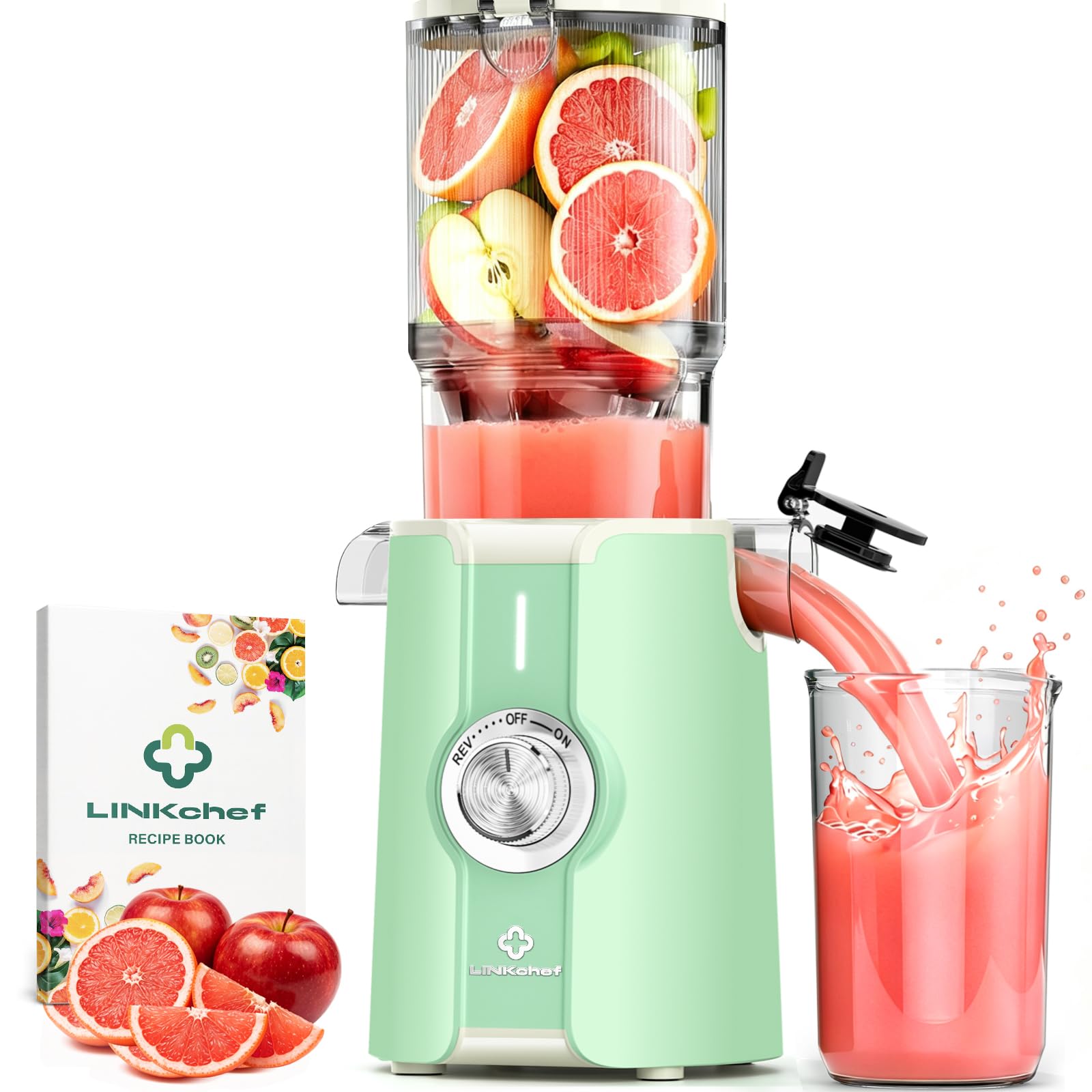 LINKChef Estrattore di Succo a Freddo | 200W Estrattore Frutta e Verdura Intera | Bocca Larga da 115mm | Con Ricettario Incluso | Senza BPA | Facile da Pulire con Funzione Inversa | Verde chiaro