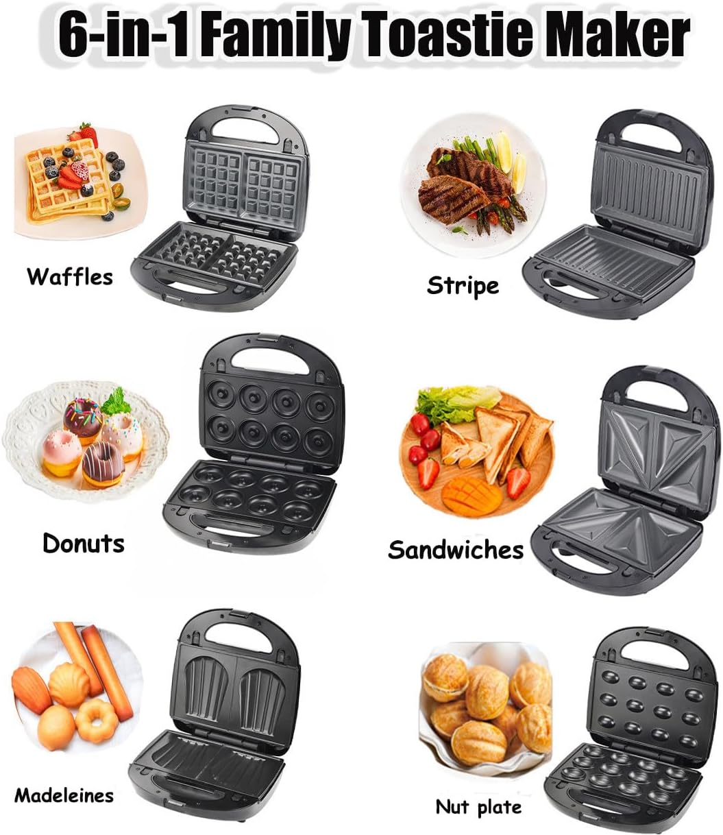 6 in 1 Sandwich Maker, Multifunctional Device Suitable for All Toast Sizes, Sandwich Maker, Waffle Iron, Contact Grill, Easy to Clean
