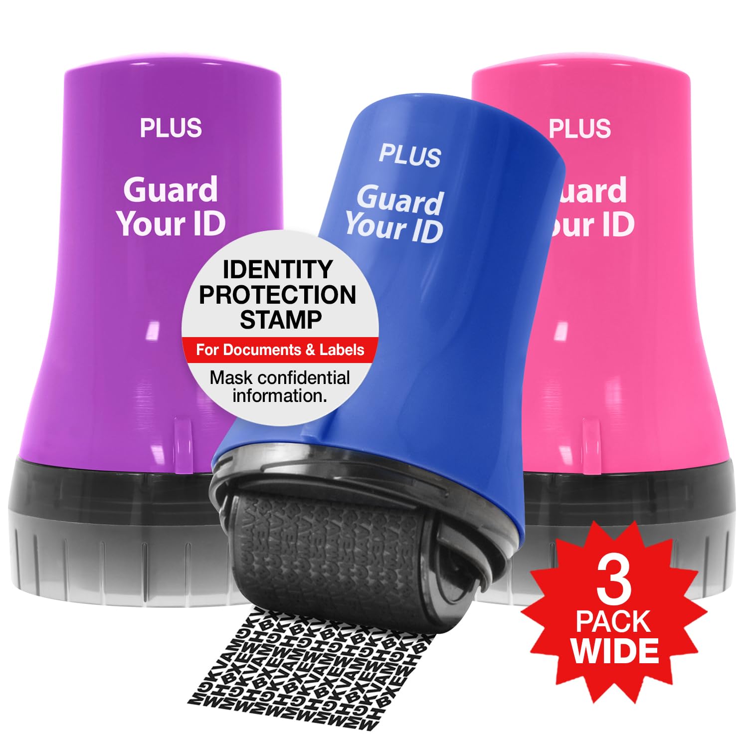 Wide Advanced ID Roller Stamp by Guard Your ID, Privacy Protection and Identity Theft Prevention, As Seen on TV (3-Pack, Blue, Pink, Purple)