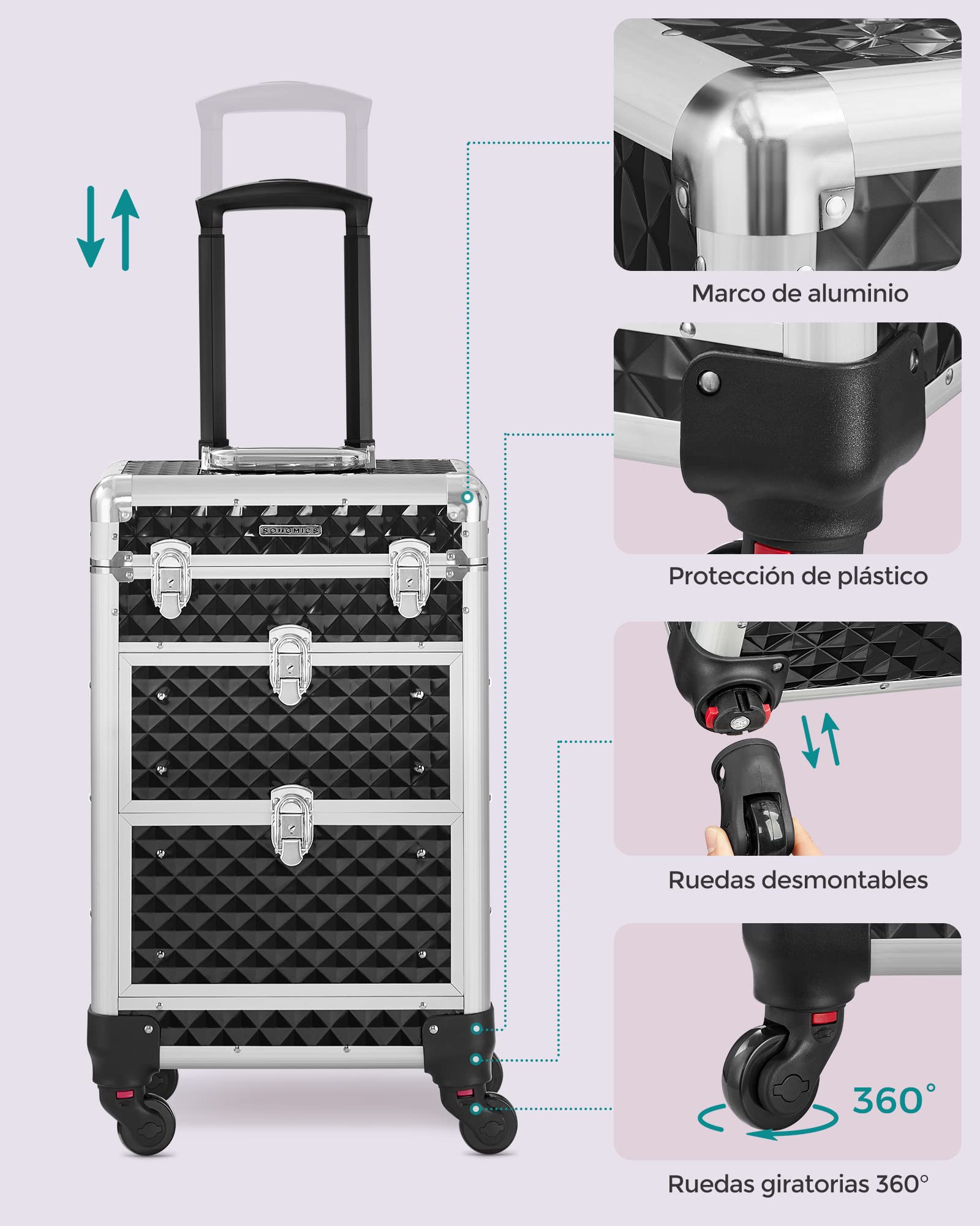 SONGMICS Maleta de Maquillaje Profesional, Maletín para Cosméticos, Maletín de Peluquería, con 2 Cajones, Grande, Ruedas 360°, para Viaje, Regalo Ideal