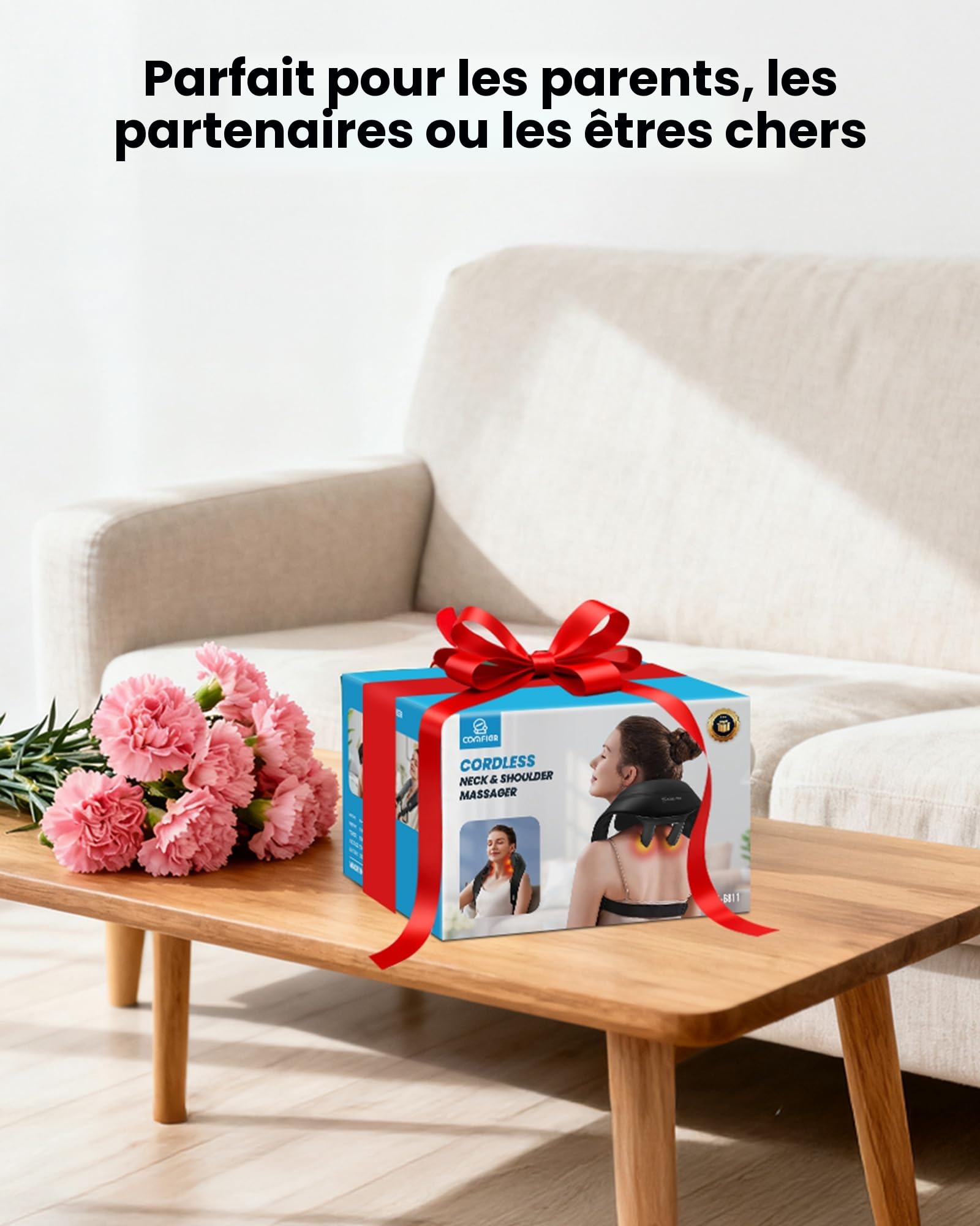 COMFIER Appareil de massage de la nuque, des épaules et du cou sans fil 6D, avec 2 niveaux de chauffage, housse lavable, massage en tissu profond, cadeau pour maman et papa