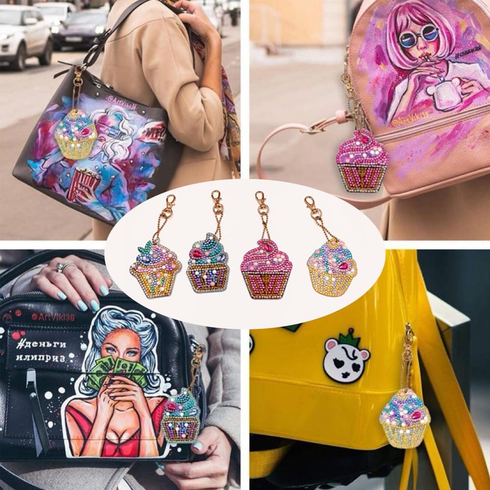 Samcos 5D Diamond Painting Keychain Ice Cream Kit Set of 4 Cute Small Pendant Kids Beginner DIY Handmade Handicraft Wallet Key Pendant Decoration