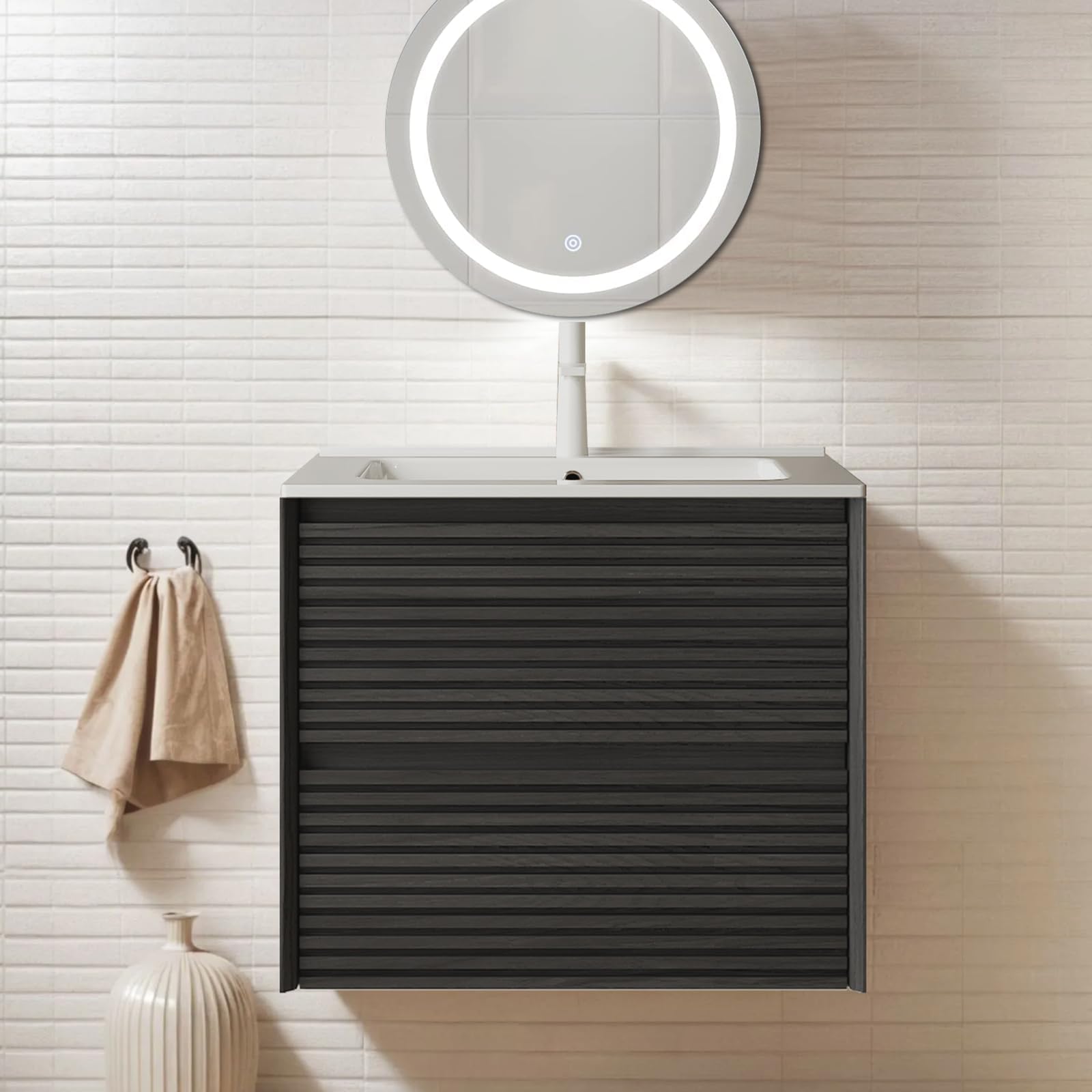 24" Floating Bathroom Vanity with Sink, French Romantic Style for Bathroom Vanities with Natural Solid Wood Texture, Ceramic Integrated Basin and 2 Spacious Bottom Drawer, Black