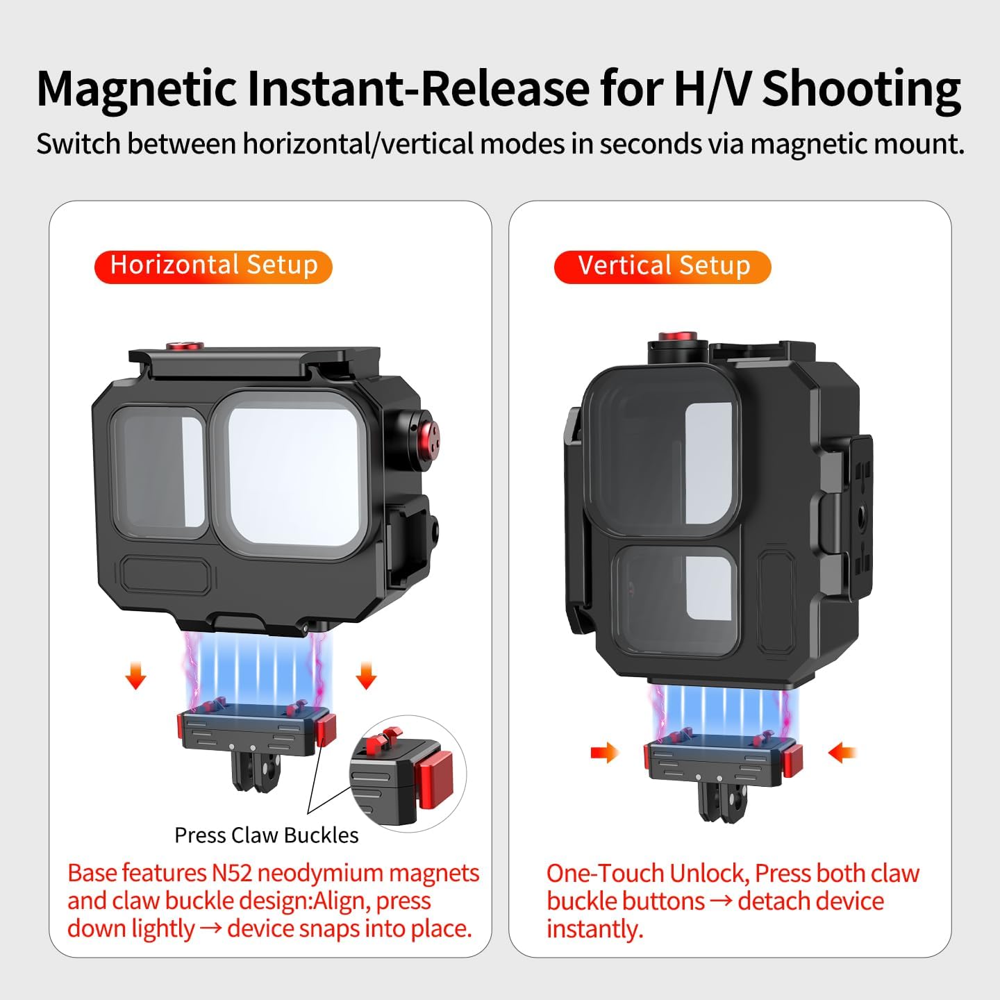80M Aluminum Waterproof Case for Ace Pro/Ace Pro 2, Camera Dive Cases with Magnetic Mount Adapter, Camera Diving Protective Housing Shell (Magnetic Foldable Dual-Slot/Only for Bare Camera)