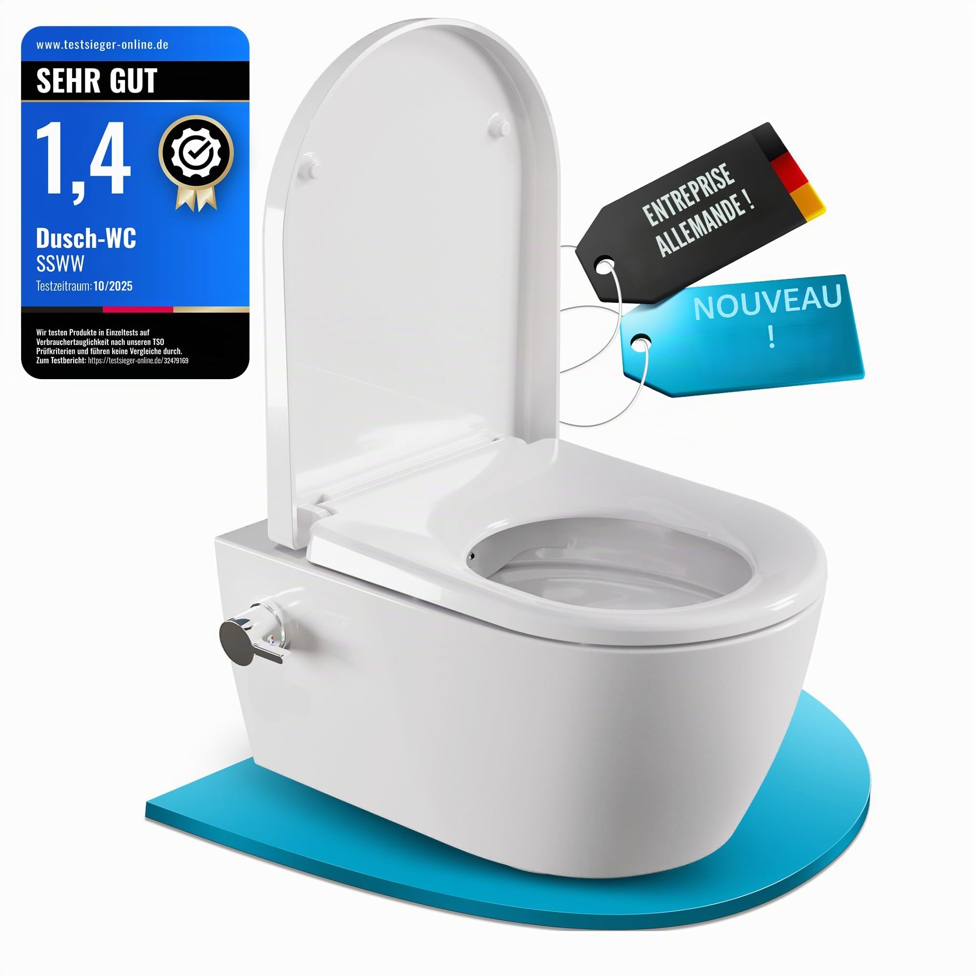 SSWW WC Taharet - Avec Robinetterie et siège amovible Softclose | Douche WC suspendu | WC avec fonction bidet | Hygiénique | Alpha sans bord | 540 x 360 x 330 mm