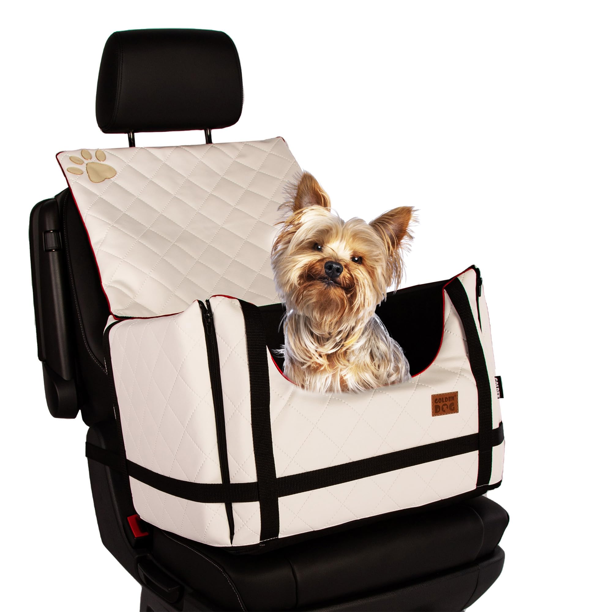 Golden Dog - Transportín para perro con cinturón de seguridad S-45 x 35 x 33 cm - Piel sintética para asiento de coche para perro, resistente al agua, asiento de pasajero, caja para perros, plegable,