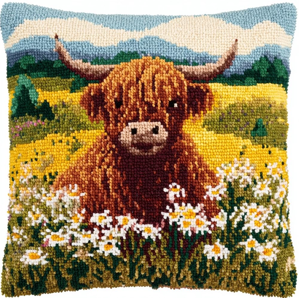 kitphoenix DIY Latch Hook Kits,Highland Cattle Amidst A Field of Flowers