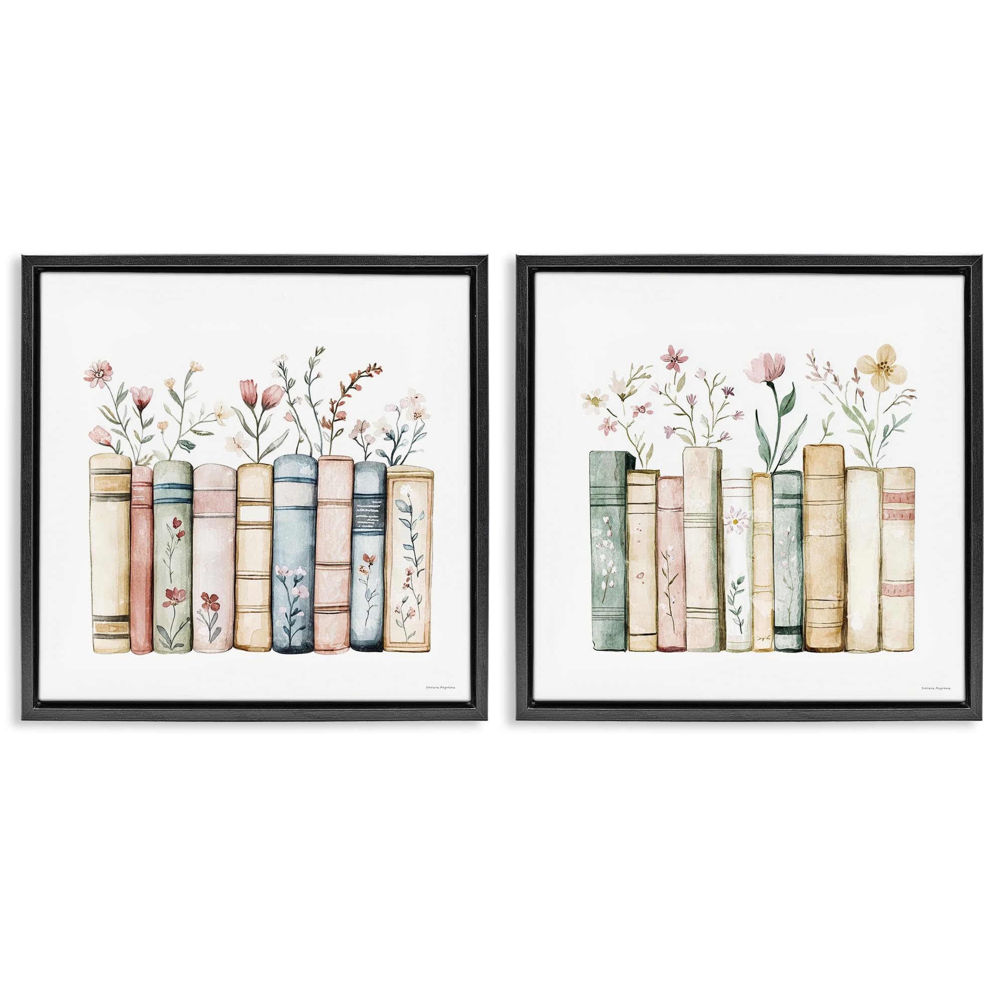 Stupell Industries Jet Black (Matte) Floral Book Still Life, 24 X 24 Inch Canvas In Floater Frame Set