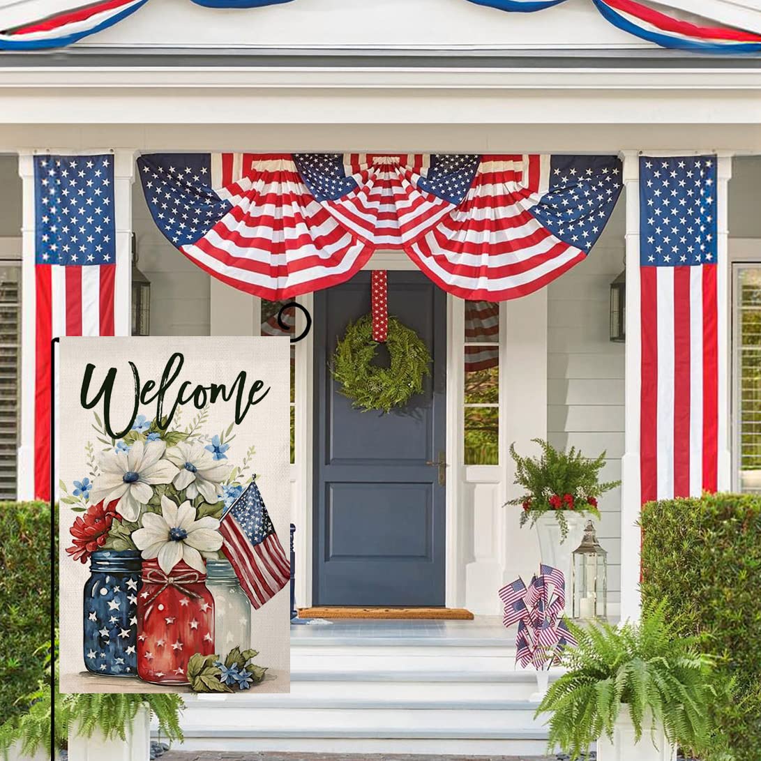 4. Juli Gartenflagge – Patriotische Mason Jar Blumen, Doppelseitig, Wetterfest, Für Garten & Terrasse
