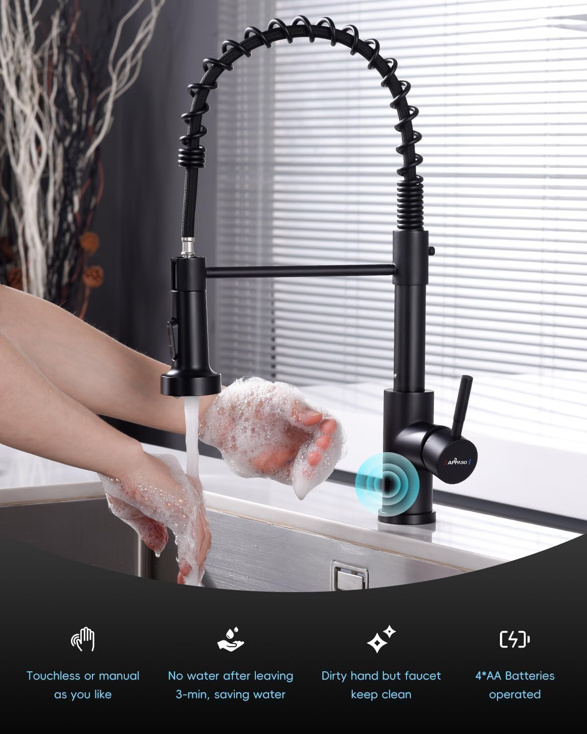 APPASO Black Touchless Kitchen Faucet with Soap Dispenser, Motion Sensor Activated Hands-Free Automatic Faucet for Sink with Pull Down Sprayer, Single Handle Smart Faucets for Kitchen Sink - Image 3