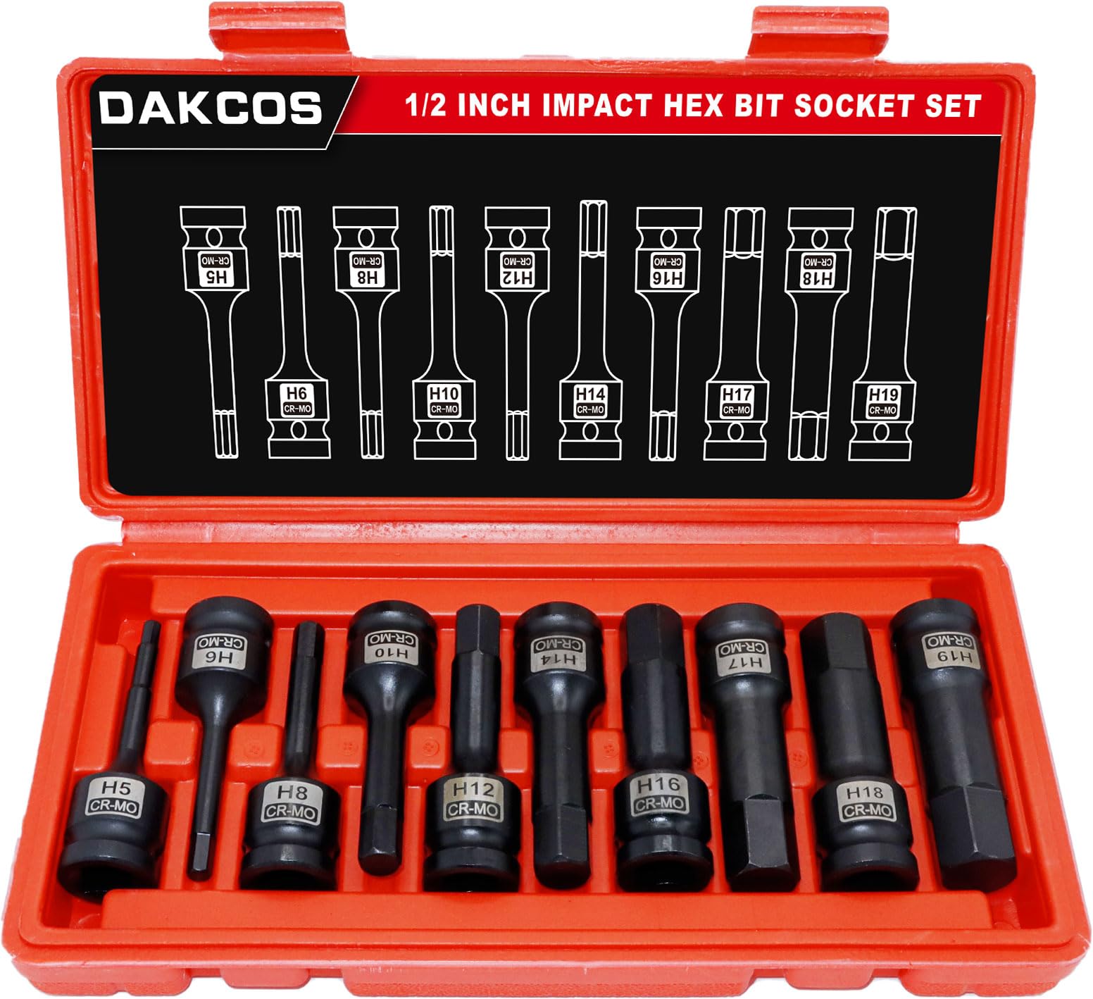 DAKCOS 1/2" Drive Impact Hex Bit Socket Set, 10 Pieces Metric Impact Allen Bit Socket Set 5-19MM, Cr-Mo and S2 Alloy Steel