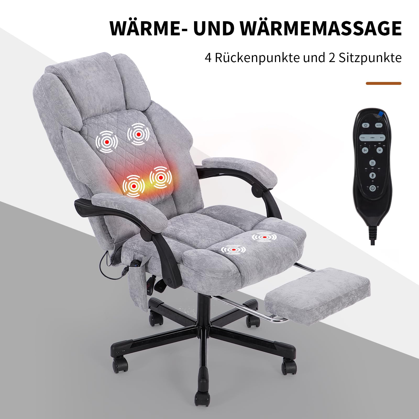 bürostuhl ergonomisch,Massage und Wärmesessel Stuhl, drehstuhl mit fußstütze, möbel für arbeitszimmer, pc Stuhl, chefsessel, Stoff (grau)