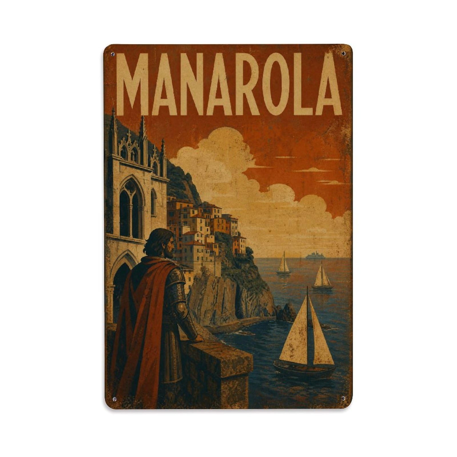 Huiyhb 8X12inch(20X30cm) Vintage Travel Manarola Sailboats Horizon Sea View Italy Metal Tin Sign